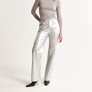 Abercrombie & Fitch 90s Straight Ultra High Rise Silver Faux Leather Pants sz 27